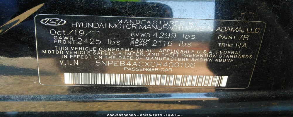 5NPEB4ACXCH400106 2012 HYUNDAI SONATA photo no. 9