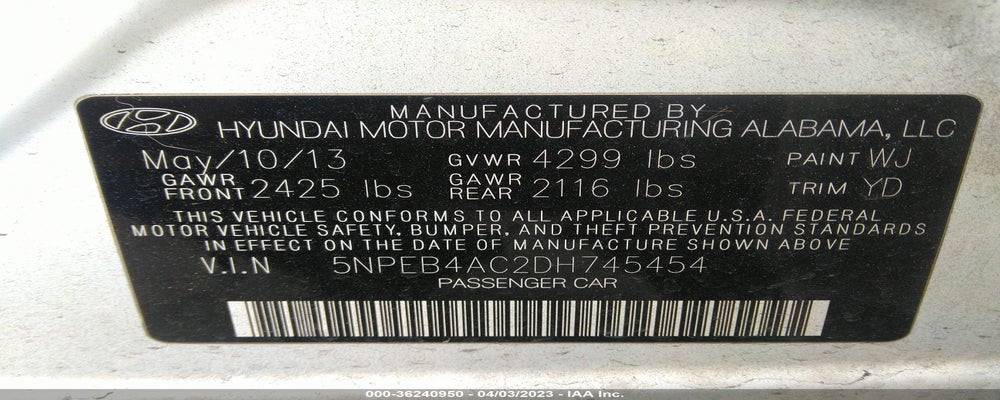 5NPEB4AC2DH745454 2013 HYUNDAI SONATA photo no. 9