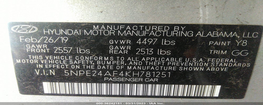 5NPE24AF4KH781251 2019 HYUNDAI SONATA photo no. 9