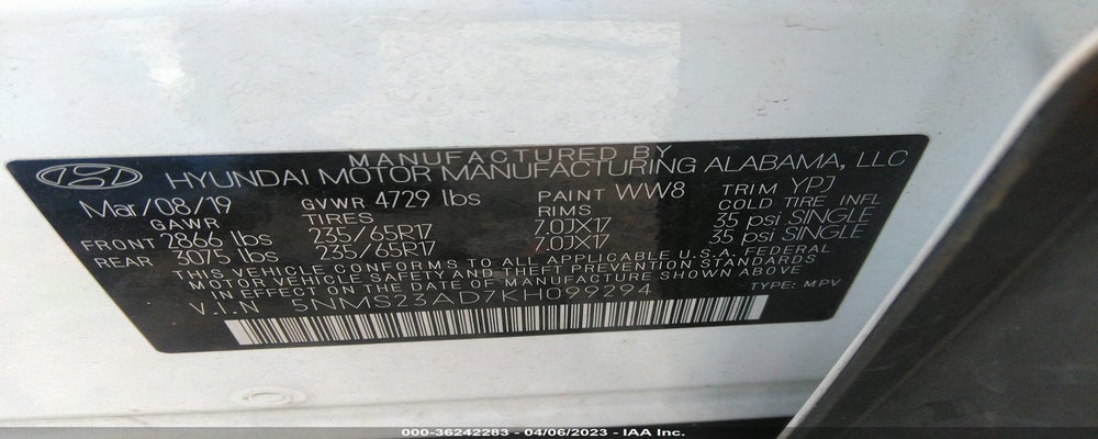 5NMS23AD7KH099294 2019 HYUNDAI SANTA FE photo no. 9