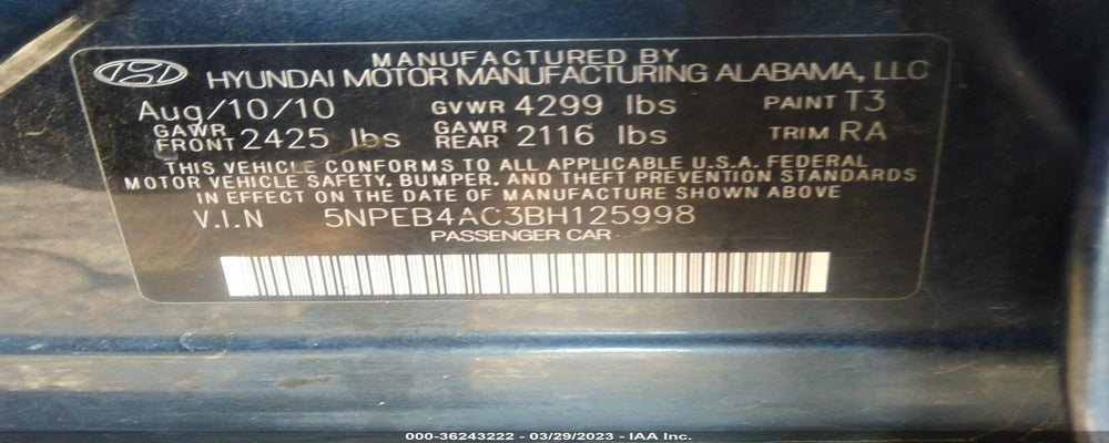 5NPEB4AC3BH125998 2011 HYUNDAI SONATA photo no. 9
