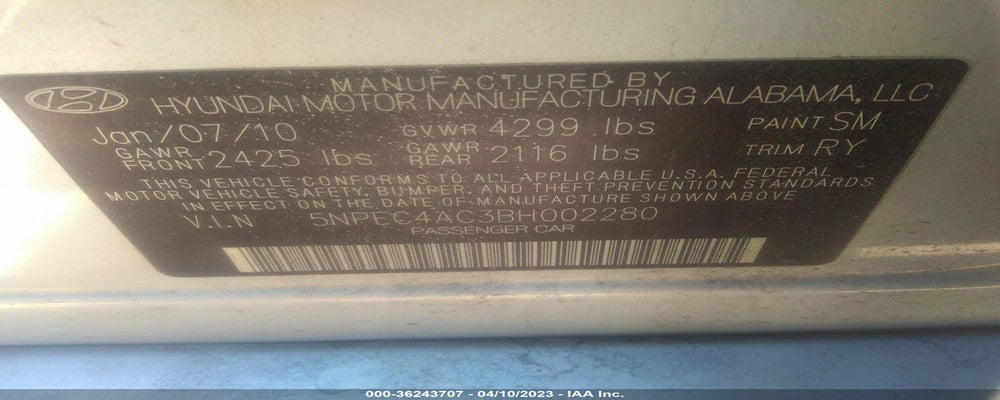 5NPEC4AC3BH002280 2011 HYUNDAI SONATA photo no. 9