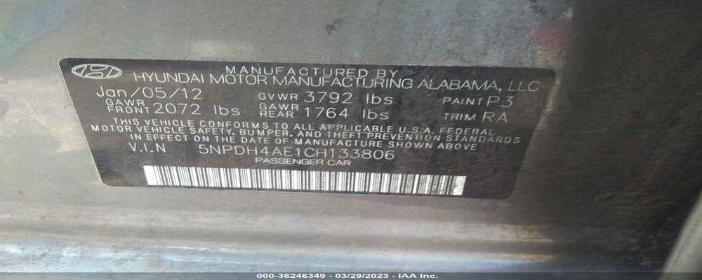 5NPDH4AE1CH133806 2012 HYUNDAI ELANTRA photo no. 9