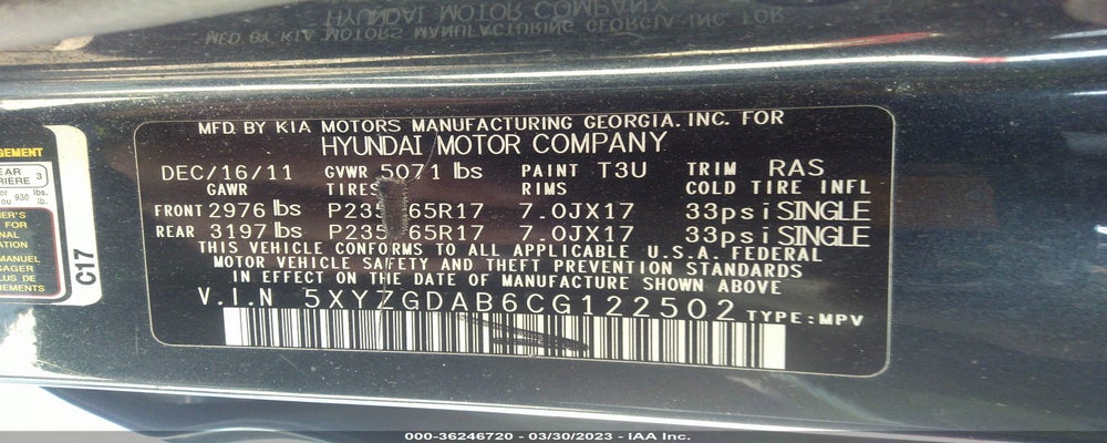 5XYZGDAB6CG122502 2012 HYUNDAI SANTA FE photo no. 9