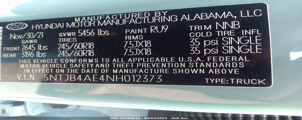 5NTJB4AE4NH012373 2022 HYUNDAI SANTA CRUZ photo no. 9