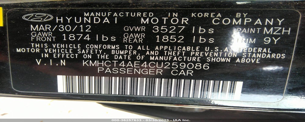 KMHCT4AE4CU259086 2012 HYUNDAI ACCENT photo no. 9
