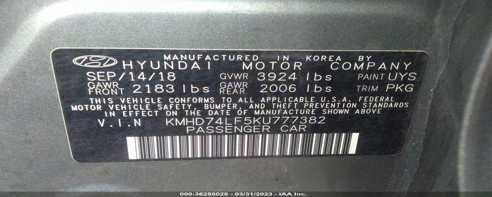 KMHD74LF5KU777382 2019 HYUNDAI ELANTRA photo no. 9