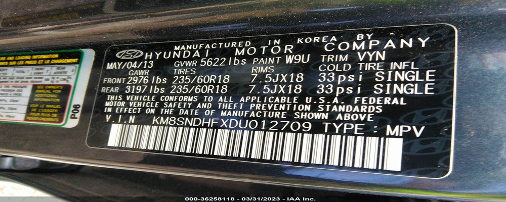 KM8SNDHFXDU012709 2013 HYUNDAI SANTA FE photo no. 9