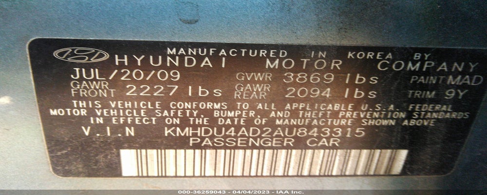 KMHDU4AD2AU843315 2010 HYUNDAI ELANTRA photo no. 9