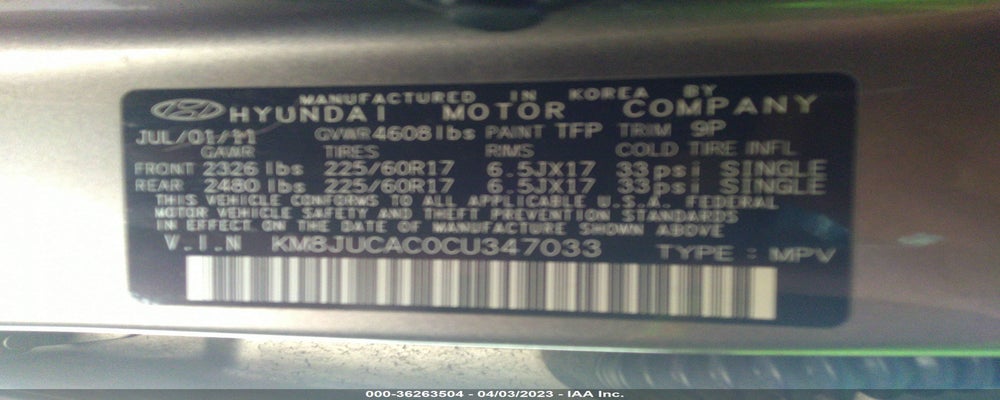 KM8JUCAC0CU347033 2012 HYUNDAI TUCSON photo no. 9