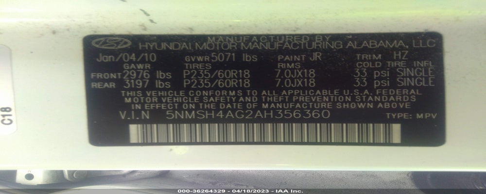 5NMSH4AG2AH356360 2010 HYUNDAI SANTA FE photo no. 9