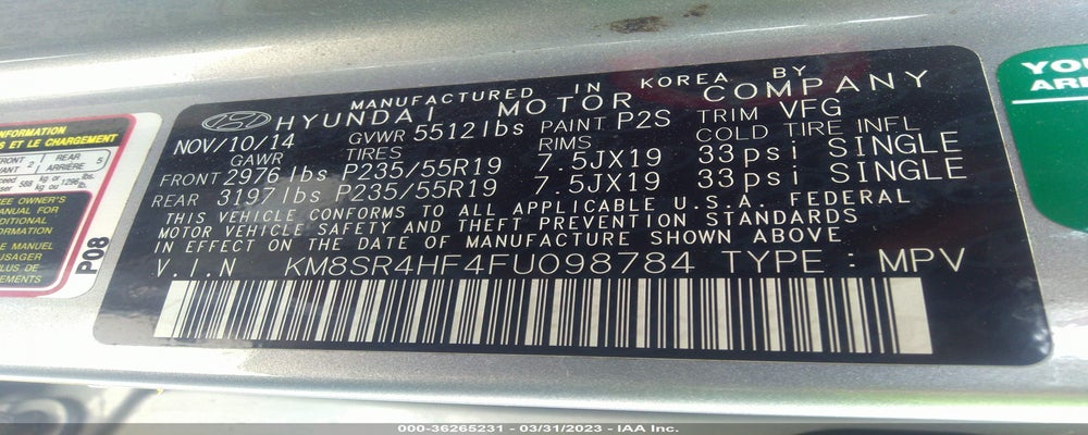 KM8SR4HF4FU098784 2015 HYUNDAI SANTA FE photo no. 9