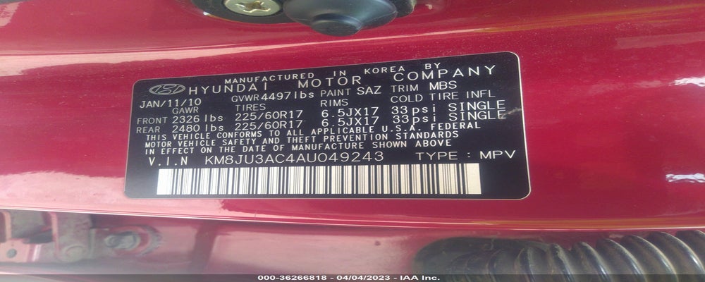 KM8JU3AC4AU049243 2010 HYUNDAI TUCSON photo no. 9