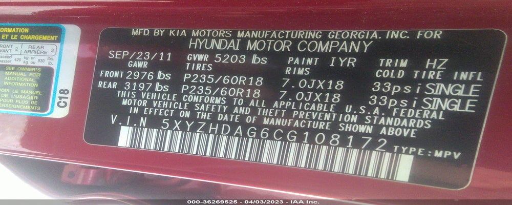 5XYZHDAG6CG108172 2012 HYUNDAI SANTA FE photo no. 9