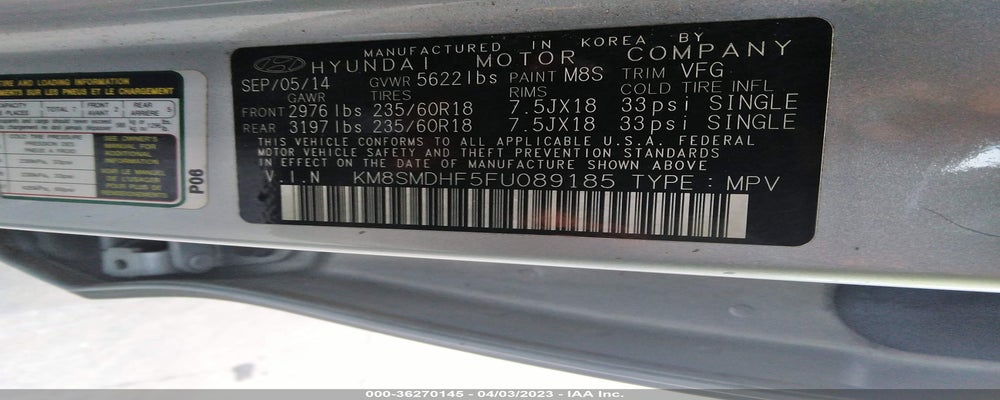 KM8SMDHF5FU089185 2015 HYUNDAI SANTA FE photo no. 9
