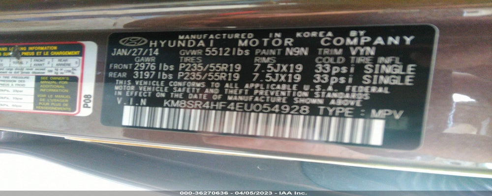 KM8SR4HF4EU054928 2014 HYUNDAI SANTA FE photo no. 9