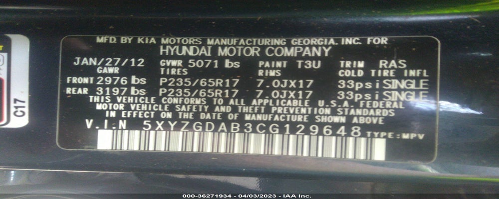 5XYZGDAB3CG129648 2012 HYUNDAI SANTA FE photo no. 9