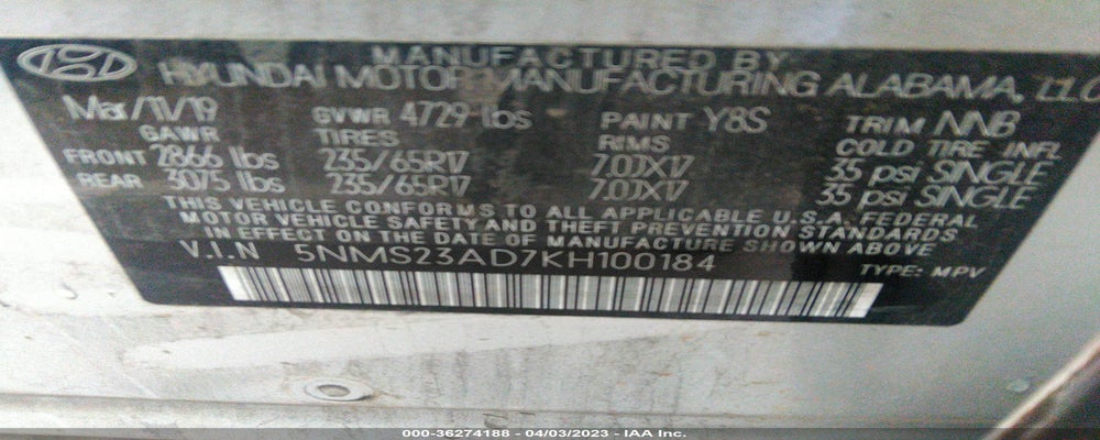 5NMS23AD7KH100184 2019 HYUNDAI SANTA FE photo no. 9