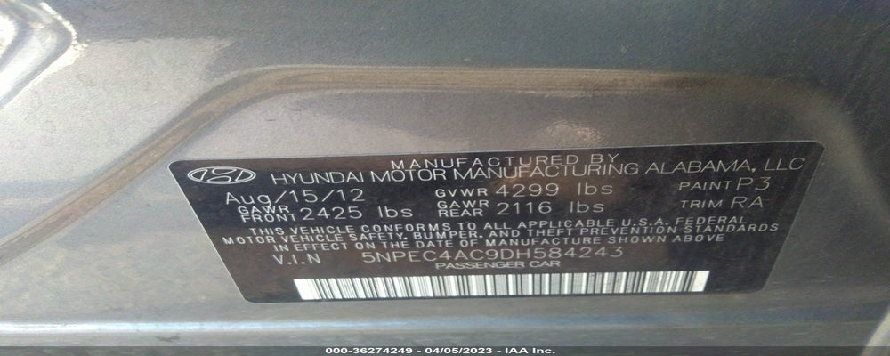 5NPEC4AC9DH584243 2013 HYUNDAI SONATA photo no. 9