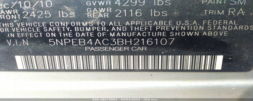 5NPEB4AC3BH216107 2011 HYUNDAI SONATA photo no. 9