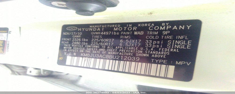 KM8JU3AC8BU212039 2011 HYUNDAI TUCSON photo no. 9