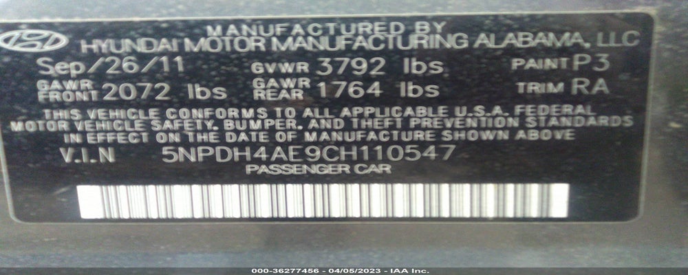 5NPDH4AE9CH110547 2012 HYUNDAI ELANTRA photo no. 9