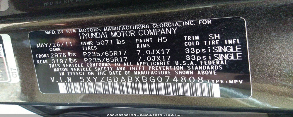 5XYZGDABXBG074808 2011 HYUNDAI SANTA FE photo no. 9
