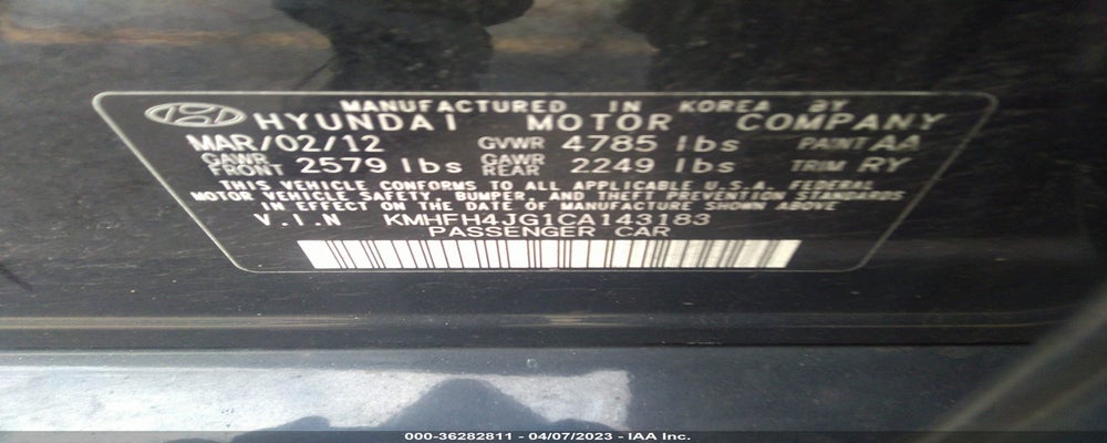KMHFH4JG1CA143183 2012 HYUNDAI AZERA photo no. 9