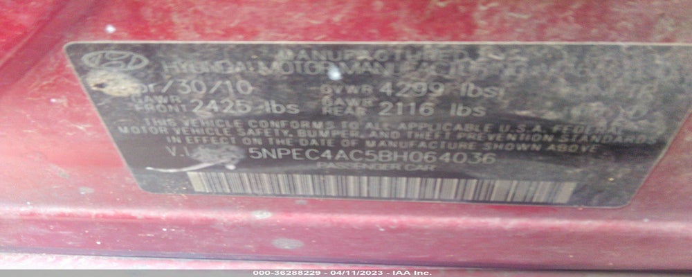 5NPEC4AC5BH064036 2011 HYUNDAI SONATA photo no. 9