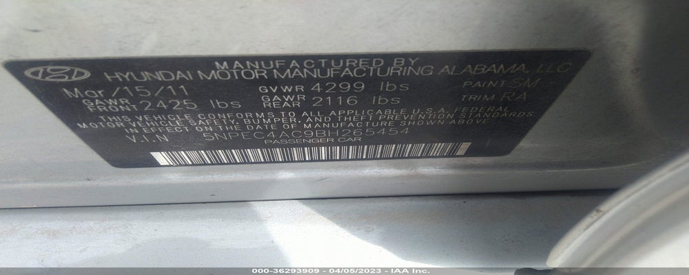 5NPEC4AC9BH265454 2011 HYUNDAI SONATA photo no. 9