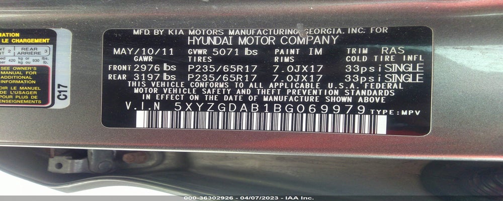 5XYZGDAB1BG069979 2011 HYUNDAI SANTA FE photo no. 9