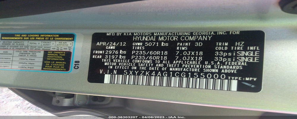 5XYZK4AG1CG155000 2012 HYUNDAI SANTA FE photo no. 9