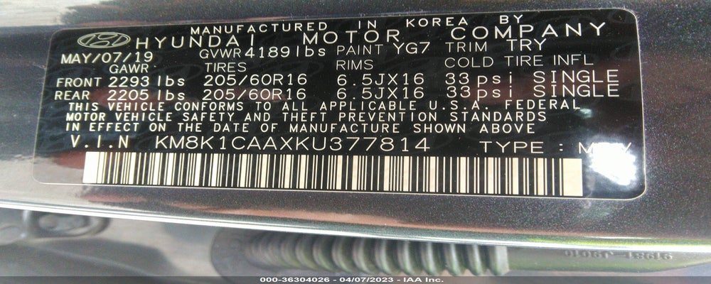 KM8K1CAAXKU377814 2019 HYUNDAI KONA photo no. 9