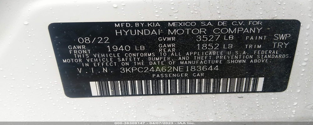 3KPC24A62NE183644 2022 HYUNDAI ACCENT photo no. 9