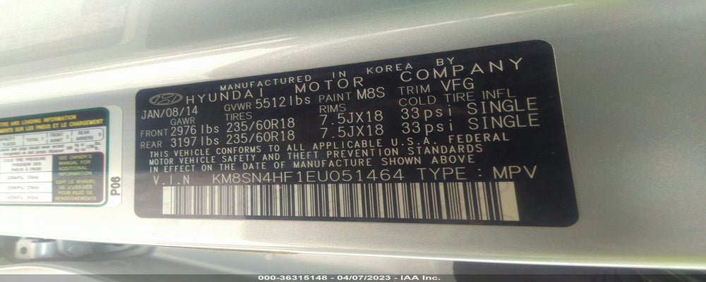 KM8SN4HF1EU051464 2014 HYUNDAI SANTA FE photo no. 9