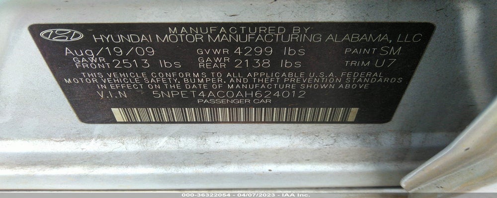 5NPET4AC0AH624012 2010 HYUNDAI SONATA photo no. 9