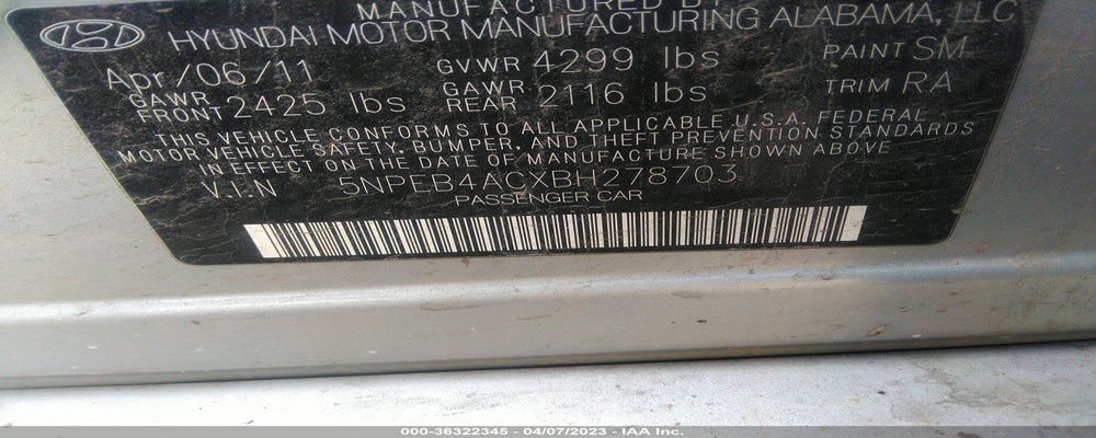 5NPEB4ACXBH278703 2011 HYUNDAI SONATA photo no. 9