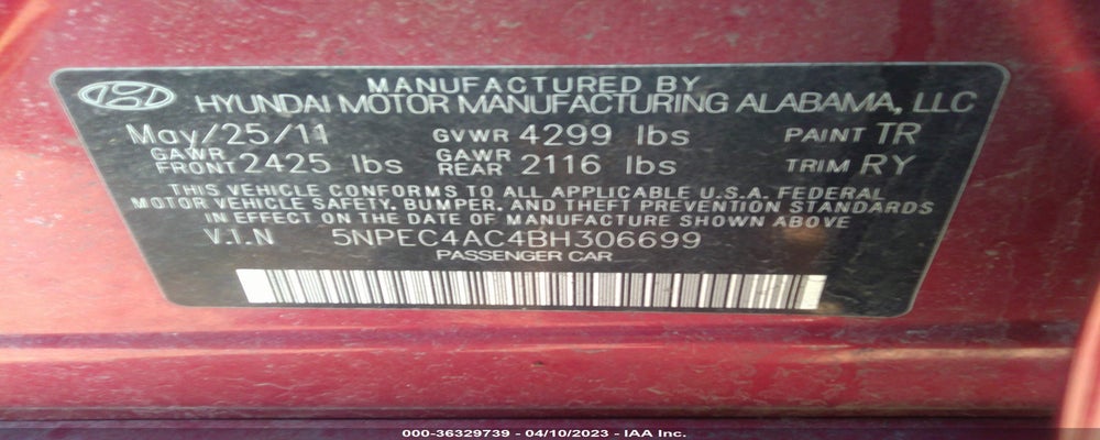 5NPEC4AC4BH306699 2011 HYUNDAI SONATA photo no. 9