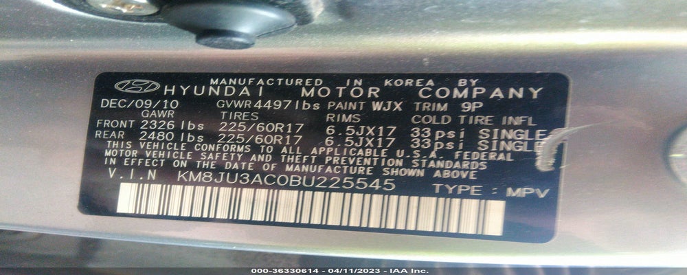 KM8JU3AC0BU225545 2011 HYUNDAI TUCSON photo no. 9