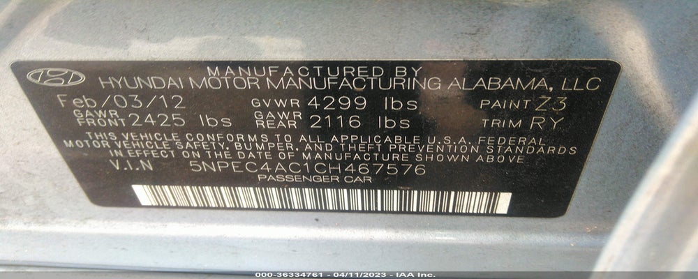 5NPEC4AC1CH467576 2012 HYUNDAI SONATA photo no. 9