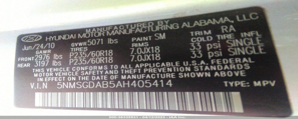 5NMSGDAB5AH405414 2010 HYUNDAI SANTA FE photo no. 9