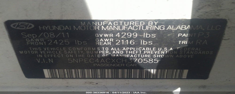 5NPEC4ACXCH370585 2012 HYUNDAI SONATA photo no. 9
