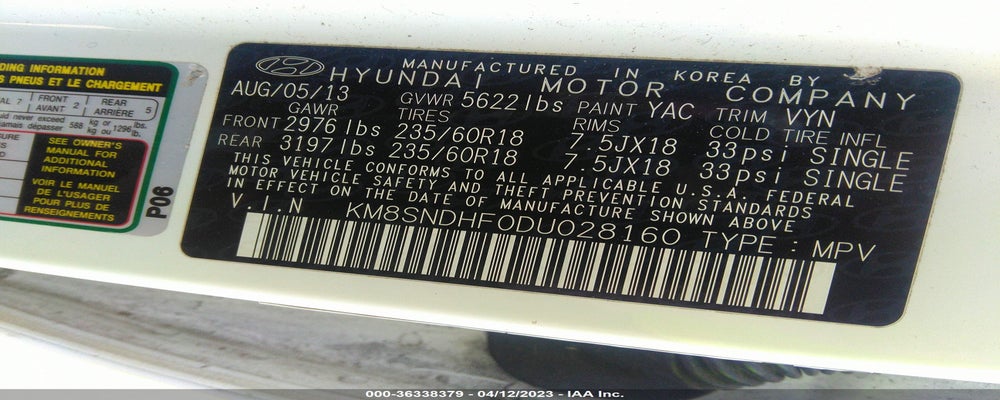 KM8SNDHF0DU028160 2013 HYUNDAI SANTA FE photo no. 9