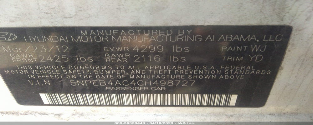 5NPEB4AC4CH498727 2012 HYUNDAI SONATA photo no. 9