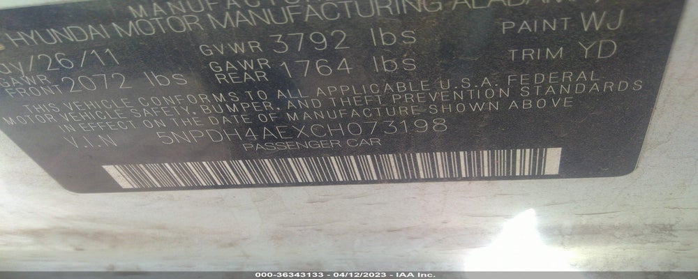 5NPDH4AEXCH073198 2012 HYUNDAI ELANTRA photo no. 9