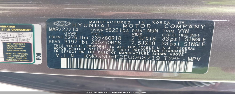 KM8SNDHF2EU063719 2014 HYUNDAI SANTA FE photo no. 9