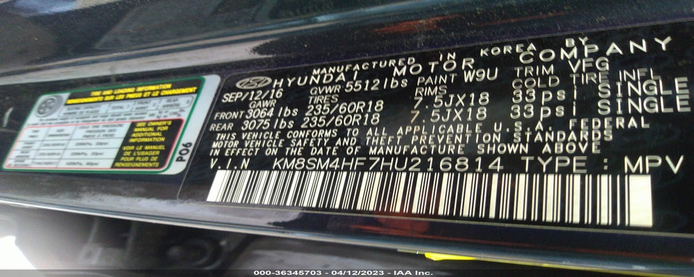KM8SM4HF7HU216814 2017 HYUNDAI SANTA FE photo no. 9