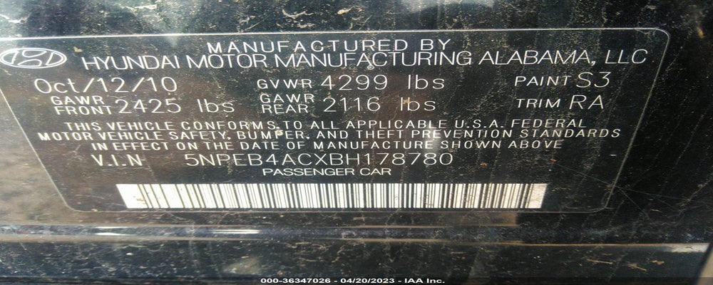 5NPEB4ACXBH178780 2011 HYUNDAI SONATA photo no. 9