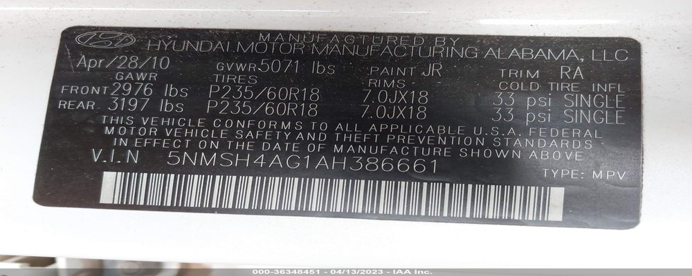 5NMSH4AG1AH386661 2010 HYUNDAI SANTA FE photo no. 9