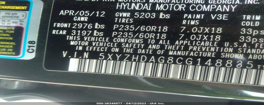 5XYZHDAG8CG148835 2012 HYUNDAI SANTA FE photo no. 9